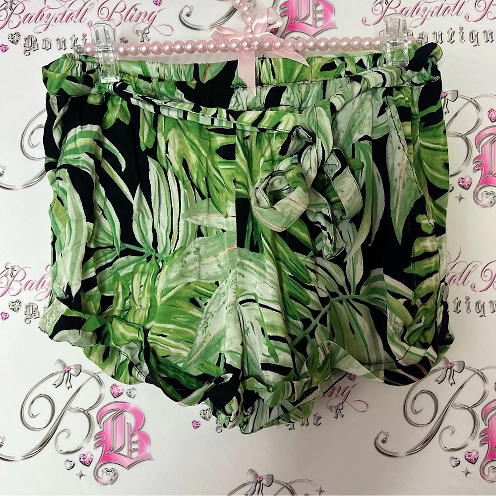 Chasor shorts belted green black white Tropical Leaf Print Shorts stretchy